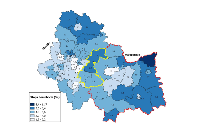 Mapa 1. Stopa bezrobocia rejestrowanego w latach 2022-2024