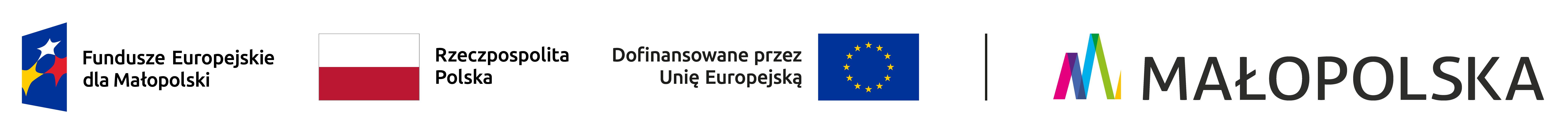 Zestawienie logotypów zawierające od lewej: znak Funduszy Europejskich z podpisem Fundusze Europejskie dla Małopolski, flaga Rzeczypospolitej Polskiej, flaga Unii Europejskiej z podpisem dofinansowane przez Unię Europejską oraz logotyp Województwa Małopolskiego